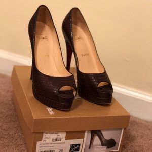 Size 8 Christian Louboutin brown python peep toe